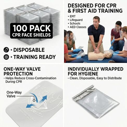 CPR Face Shield Masks – 100 Pack Individually Wrapped Rescue CPR Training Shields with One-Way Valve, Disposable Breathing Barrier for Emergency Kits, First Aid, AED, EMT & Lifeguard Classes in Kuwait