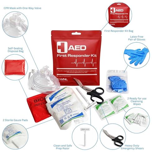WNL Products FAK5000AED AED First Responder Kit - CPR Rescue Mask with One-Way Valve, Shears, Prep Razor, Gauze Pads, Gloves, Cleansing Wipes and Disposal Bag | Kit to prep a patient for CPR and AED use, latex-free, compact grab-and-go pouch, heavy duty s in Kuwait