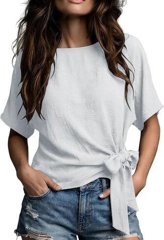 Summer Tops for Women Bow Twist Side Top Short Sleeve Crew Neck Shirts Outfits Business Beach Vacation Blouses Clothes in Kuwait