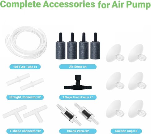أدوات ملحقات مضخة Aquarium Air Pump مع أنابيب قياسية ، أحجار الهواء 4pcs ، صمامات فحص 2pcs ، أكواب الشفط 6pcs ، موصلات 4pcs ، صمام التحكم في الشكل (10 أقدام. in Kuwait