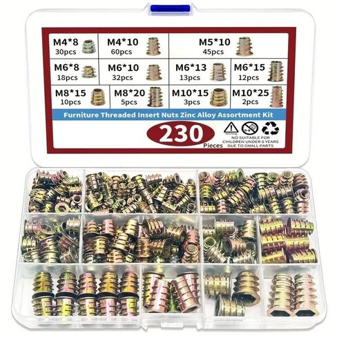 230PCS Zinc Alloy Threaded Insert Nuts Assortment Kit, 11 Sizes M4-M10 Wood Furniture Screw-in Insert Fasteners for Cabinet Bed Desk Assembly in Kuwait