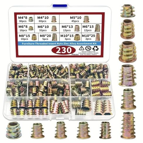 230PCS Zinc Alloy Threaded Insert Nuts Assortment Kit, 11 Sizes M4-M10 Wood Furniture Screw-in Insert Fasteners for Cabinet Bed Desk Assembly in Kuwait