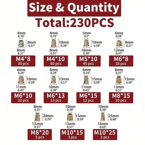 230PCS Zinc Alloy Threaded Insert Nuts Assortment Kit, 11 Sizes M4-M10 Wood Furniture Screw-in Insert Fasteners for Cabinet Bed Desk Assembly in Kuwait