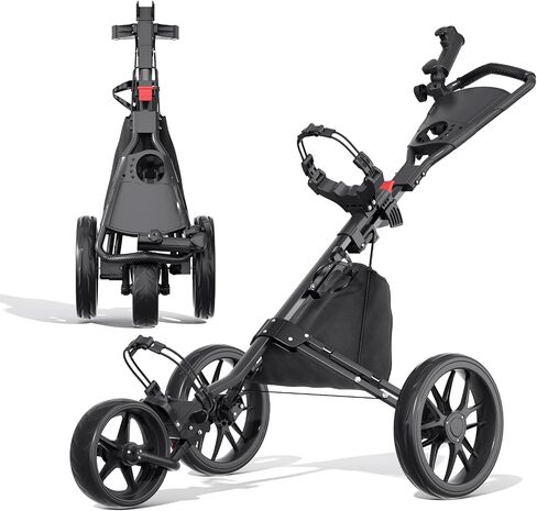 Golf Push Cart - Lightweight Aluminum 3-Wheel Foldable Golf Bag Cart with Large Wheels for All Terrain, Adjustable Handle, Foot Brake, Cooler Bag, Cup/Umbrella Holder in Kuwait