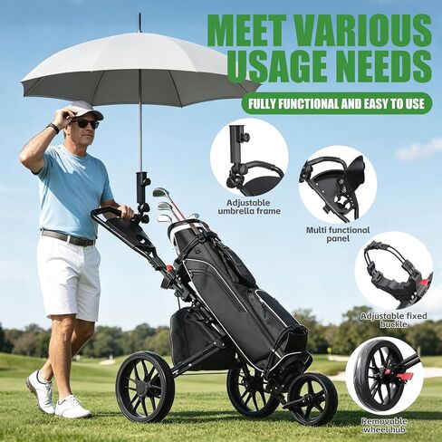 Golf Push Cart - Lightweight Aluminum 3-Wheel Foldable Golf Bag Cart with Large Wheels for All Terrain, Adjustable Handle, Foot Brake, Cooler Bag, Cup/Umbrella Holder in Kuwait