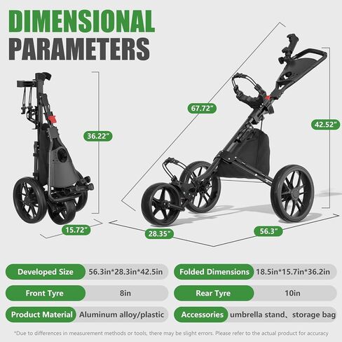 Golf Push Cart - Lightweight Aluminum 3-Wheel Foldable Golf Bag Cart with Large Wheels for All Terrain, Adjustable Handle, Foot Brake, Cooler Bag, Cup/Umbrella Holder in Kuwait