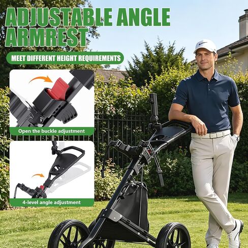 Golf Push Cart - Lightweight Aluminum 3-Wheel Foldable Golf Bag Cart with Large Wheels for All Terrain, Adjustable Handle, Foot Brake, Cooler Bag, Cup/Umbrella Holder in Kuwait