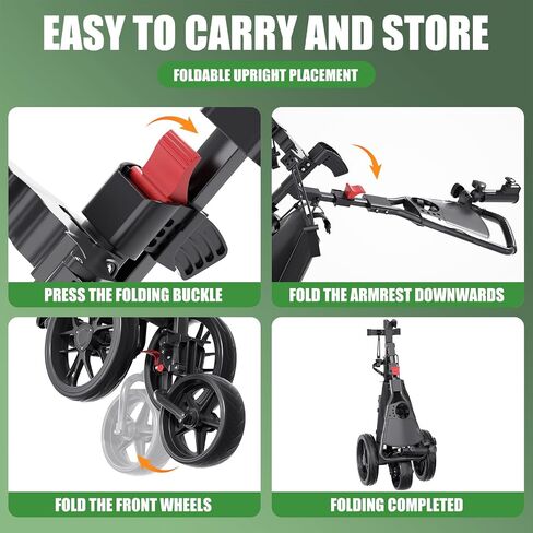 Golf Push Cart - Lightweight Aluminum 3-Wheel Foldable Golf Bag Cart with Large Wheels for All Terrain, Adjustable Handle, Foot Brake, Cooler Bag, Cup/Umbrella Holder in Kuwait
