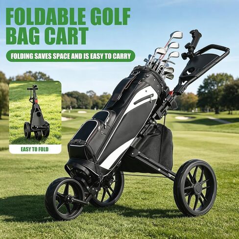 Golf Push Cart - Lightweight Aluminum 3-Wheel Foldable Golf Bag Cart with Large Wheels for All Terrain, Adjustable Handle, Foot Brake, Cooler Bag, Cup/Umbrella Holder in Kuwait