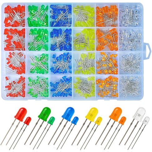600Pcs 3mm & 5mm LED Diode Assortment Kit - 6 Colors (White/Red/Blue/Green/Yellow/Orange) Dual-Size Bright Light Emitting Diodes for DIY Electronics, Arduino, Raspberry Pi, and Science Projects in Kuwait