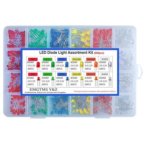600Pcs 3mm & 5mm LED Diode Assortment Kit - 6 Colors (White/Red/Blue/Green/Yellow/Orange) Dual-Size Bright Light Emitting Diodes for DIY Electronics, Arduino, Raspberry Pi, and Science Projects in Kuwait
