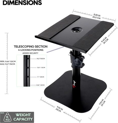 Tlingt Desktop Speaker Stands Pair, Sturdy Flat Base, Height & Tilt Adjusts | Heavy-duty 9.5" x 9" Metal Tray, -10° to +10° Tilt Angle, Universal Flat Base, Perfect for 5"-7" Monitor & Bookshelf Speakers in Kuwait