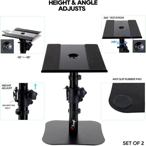 Tlingt Desktop Speaker Stands Pair, Sturdy Flat Base, Height & Tilt Adjusts | Heavy-duty 9.5" x 9" Metal Tray, -10° to +10° Tilt Angle, Universal Flat Base, Perfect for 5"-7" Monitor & Bookshelf Speakers in Kuwait
