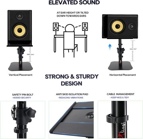 Tlingt Desktop Speaker Stands Pair, Sturdy Flat Base, Height & Tilt Adjusts | Heavy-duty 9.5" x 9" Metal Tray, -10° to +10° Tilt Angle, Universal Flat Base, Perfect for 5"-7" Monitor & Bookshelf Speakers in Kuwait