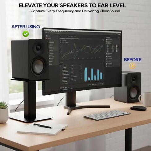 Tlingt Desktop Speaker Stands Pair, 6"x6.7" Metal Tray, 8" Tall | Heavy-duty Metal Tray Perfects for 3"- 4" Monitors & Bookshelf Speakers, Sturdy Flat Base, Compact Size for Home/Studio in Kuwait