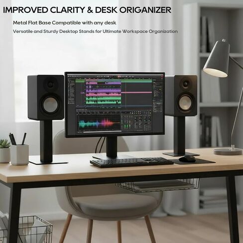 Tlingt Desktop Speaker Stands Pair, 6"x6.7" Metal Tray, 8" Tall | Heavy-duty Metal Tray Perfects for 3"- 4" Monitors & Bookshelf Speakers, Sturdy Flat Base, Compact Size for Home/Studio in Kuwait
