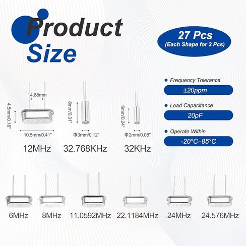 MECCANIXITY 27 Pcs 9 Value Quartz Crystal Oscillator Crystal Resonators Oscillator Assortment Kit DIP 2 Pin Replacements, 6MHz to 24.576MHz in Kuwait