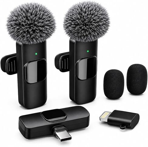 Wireless Lavalier Microphone for iPhone Android, 2 Pack Lapel Mic for Content Creators, Clip-On Mini Mic for Phone Video Recording, Vlogging, YouTube, TikTok, Live Stream, Noise Reduction, Plug & Play in Kuwait