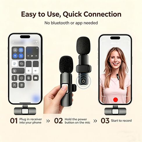 Wireless Lavalier Microphone for iPhone Android, 2 Pack Lapel Mic for Content Creators, Clip-On Mini Mic for Phone Video Recording, Vlogging, YouTube, TikTok, Live Stream, Noise Reduction, Plug & Play in Kuwait