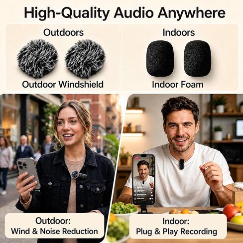 Wireless Lavalier Microphone for iPhone Android, 2 Pack Lapel Mic for Content Creators, Clip-On Mini Mic for Phone Video Recording, Vlogging, YouTube, TikTok, Live Stream, Noise Reduction, Plug & Play in Kuwait