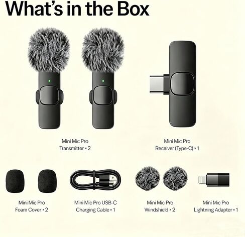 Wireless Lavalier Microphone for iPhone Android, 2 Pack Lapel Mic for Content Creators, Clip-On Mini Mic for Phone Video Recording, Vlogging, YouTube, TikTok, Live Stream, Noise Reduction, Plug & Play in Kuwait