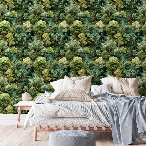 Forest Peel and Stick Wallpaper 17.7"x393" Green Contact Paper | Hand-Drawn Self Adhesive Removable Tree Wall Mural Mountain Botanical Wallpaper for Nursery Bedroom Living Room Cabinet Wall in Kuwait