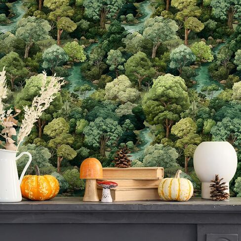 Forest Peel and Stick Wallpaper 17.7"x393" Green Contact Paper | Hand-Drawn Self Adhesive Removable Tree Wall Mural Mountain Botanical Wallpaper for Nursery Bedroom Living Room Cabinet Wall in Kuwait