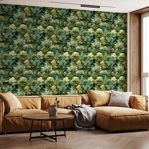 Forest Peel and Stick Wallpaper 17.7"x393" Green Contact Paper | Hand-Drawn Self Adhesive Removable Tree Wall Mural Mountain Botanical Wallpaper for Nursery Bedroom Living Room Cabinet Wall in Kuwait