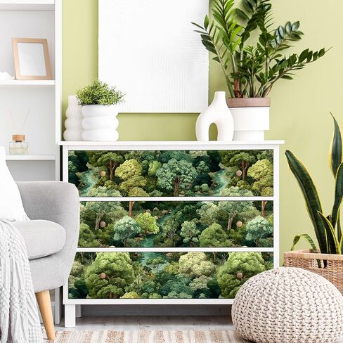 Forest Peel and Stick Wallpaper 17.7"x393" Green Contact Paper | Hand-Drawn Self Adhesive Removable Tree Wall Mural Mountain Botanical Wallpaper for Nursery Bedroom Living Room Cabinet Wall in Kuwait