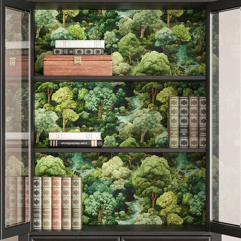 Forest Peel and Stick Wallpaper 17.7"x393" Green Contact Paper | Hand-Drawn Self Adhesive Removable Tree Wall Mural Mountain Botanical Wallpaper for Nursery Bedroom Living Room Cabinet Wall in Kuwait