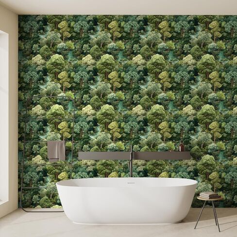 Forest Peel and Stick Wallpaper 17.7"x393" Green Contact Paper | Hand-Drawn Self Adhesive Removable Tree Wall Mural Mountain Botanical Wallpaper for Nursery Bedroom Living Room Cabinet Wall in Kuwait