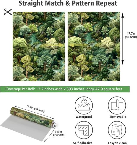 Forest Peel and Stick Wallpaper 17.7"x393" Green Contact Paper | Hand-Drawn Self Adhesive Removable Tree Wall Mural Mountain Botanical Wallpaper for Nursery Bedroom Living Room Cabinet Wall in Kuwait