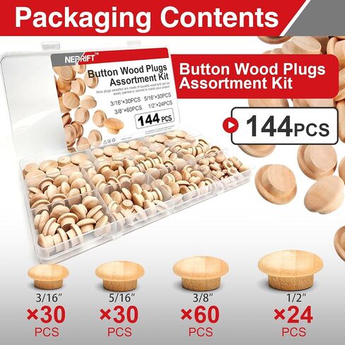144PCS Wood Plugs Assorted Sizes 3/16 5/16 3/8 1/2 Inch, for Screw Hole Cover in Furniture Cabinet and Woodworking Repair in Kuwait