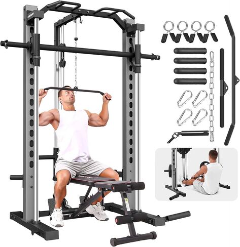 OPPSDECOR All-in-One Adjustable Smith Machine with LAT-Pull Down System Multi-Function Power Cage for Home Gym Cable Crossover Squat Rack of Workout Machine Training Equipment with Attachments in Kuwait