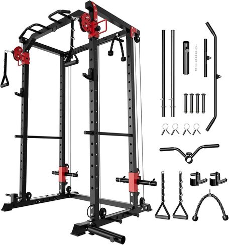 GarveeLife Power Cage with Dual Pulley System, 1600LB Multi-Function Squat Rack with Cable Crossover & LAT Pull Down, All-in-One Home Gym Strength Training Cage for Full Body Workout, Red Black in Saudi Arabia