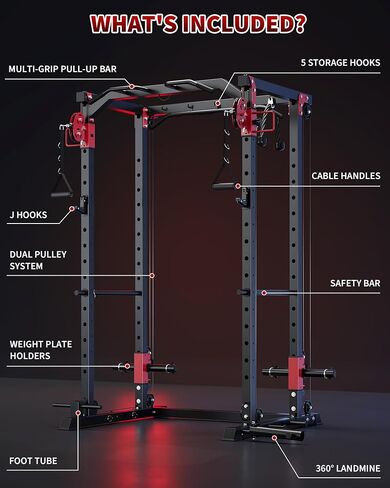 GarveeLife Power Cage with Dual Pulley System, 1600LB Multi-Function Squat Rack with Cable Crossover & LAT Pull Down, All-in-One Home Gym Strength Training Cage for Full Body Workout, Red Black in Saudi Arabia