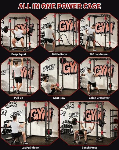 GarveeLife Power Cage with Dual Pulley System, 1600LB Multi-Function Squat Rack with Cable Crossover & LAT Pull Down, All-in-One Home Gym Strength Training Cage for Full Body Workout, Red Black in Saudi Arabia