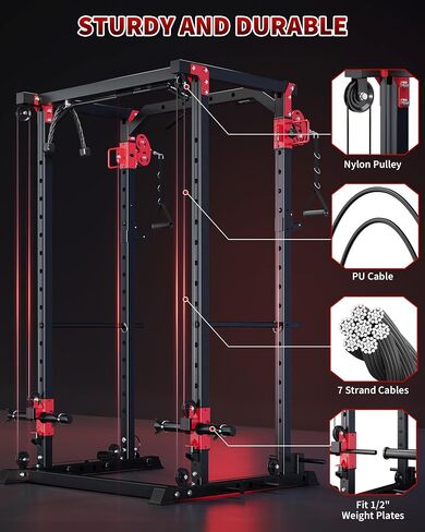 GarveeLife Power Cage with Dual Pulley System, 1600LB Multi-Function Squat Rack with Cable Crossover & LAT Pull Down, All-in-One Home Gym Strength Training Cage for Full Body Workout, Red Black in Saudi Arabia