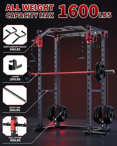 GarveeLife Power Cage with Dual Pulley System, 1600LB Multi-Function Squat Rack with Cable Crossover & LAT Pull Down, All-in-One Home Gym Strength Training Cage for Full Body Workout, Red Black in Saudi Arabia