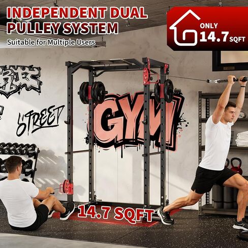 GarveeLife Power Cage with Dual Pulley System, 1600LB Multi-Function Squat Rack with Cable Crossover & LAT Pull Down, All-in-One Home Gym Strength Training Cage for Full Body Workout, Red Black in Saudi Arabia