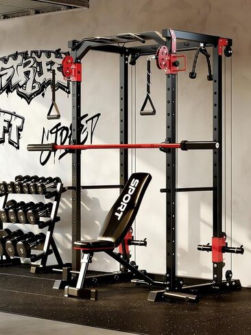 GarveeLife Power Cage with Dual Pulley System, 1600LB Multi-Function Squat Rack with Cable Crossover & LAT Pull Down, All-in-One Home Gym Strength Training Cage for Full Body Workout, Red Black in Saudi Arabia
