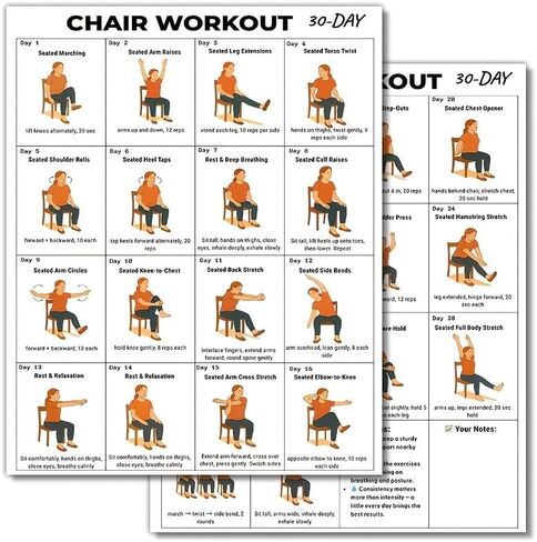 30-Day Chair Workout Poster – Seated Exercise Chart for Seniors & Beginners, Low-Impact Chair Yoga & Stretching Routine, Home Gym Wall Decor & Fitness Guide in Kuwait
