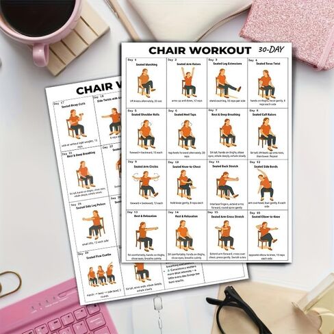 30-Day Chair Workout Poster – Seated Exercise Chart for Seniors & Beginners, Low-Impact Chair Yoga & Stretching Routine, Home Gym Wall Decor & Fitness Guide in Kuwait