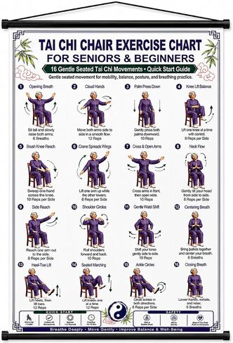 Tai Chi Chair Workout Chart Poster 24x16 Inch Seated Exercise Guide for Seniors&Beginners Low Impact Home Fitness Training Wall Chart Rehab&Balance Practice Home Gym Wall Decor Unframed (Women) in Kuwait