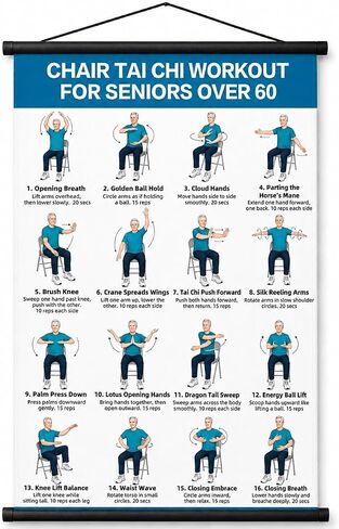 lionpower Tai Chi Chair Workout Chart for Seniors, Chair Tai Chi for Seniors Wall Poster, Tai Chi for Beginners Seated Chair Exercise Chart, Balance & Flexibility Guide for Men, 16 x 24 in in Kuwait