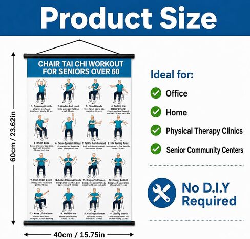 lionpower Tai Chi Chair Workout Chart for Seniors, Chair Tai Chi for Seniors Wall Poster, Tai Chi for Beginners Seated Chair Exercise Chart, Balance & Flexibility Guide for Men, 16 x 24 in in Kuwait