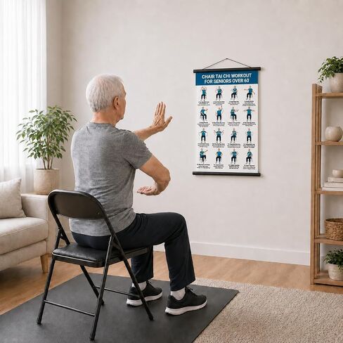 lionpower Tai Chi Chair Workout Chart for Seniors, Chair Tai Chi for Seniors Wall Poster, Tai Chi for Beginners Seated Chair Exercise Chart, Balance & Flexibility Guide for Men, 16 x 24 in in Kuwait