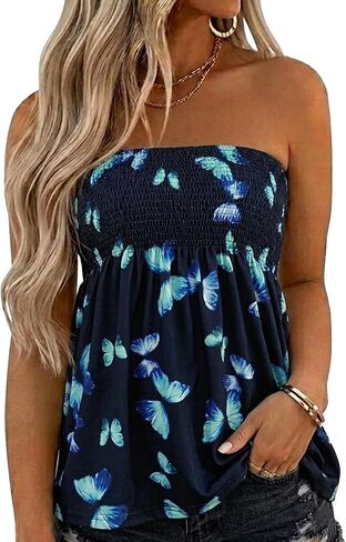 Womens Smocked Strapless Bandeau Tank Tops Floral Tube Tops Backless Bandeau Tunic Tops Sleeveless Shirts in Kuwait