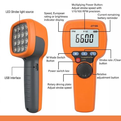 Professional LED Stroboscope - Handheld Digital Tachometer for RPM/FPM Measurement, 60-99999 Range, 0.001% Precision Strobe Light with 360° Dial - Rechargeable Non-Contact Speed Analyzer in Kuwait