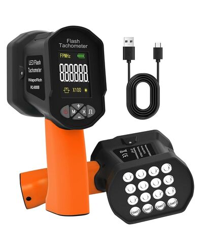 ستروبوسكوب LED 60-100000 دورة في الدقيقة، مقياس سرعة الدوران الرقمي WapoRich مع 16 مصباح LED، قابل لإعادة الشحن عبر USB، شاشة LCD للمحرك والمروحة (RQ-8000B) in Kuwait